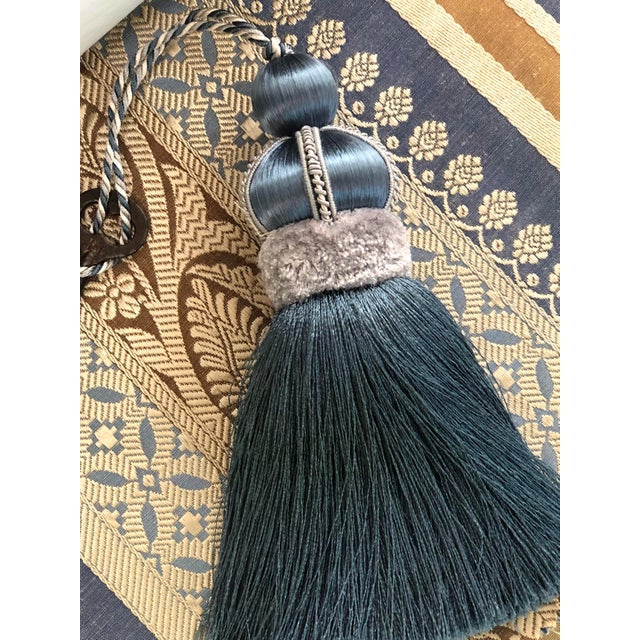 Pair of Smoky Blue Key Tassels With Satin & Cut Velvet Details For Sale - Image 10 of 13