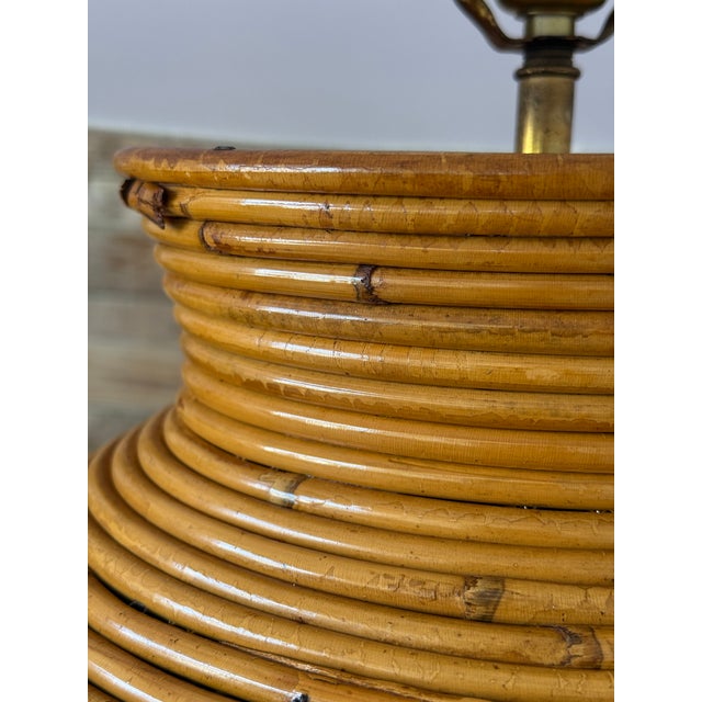 Gabriella Crespi Mid-20th Century Refinished Organic Modern Rattan Coil Gourd Table Lamps With Brass Bases For Sale - Image 4 of 12
