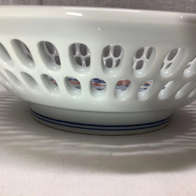 Ceramic Vintage Asian Hand-Painted Peony With Open Work Porcelain Bowl in Blue & Salmon, Signed. For Sale - Image 7 of 9