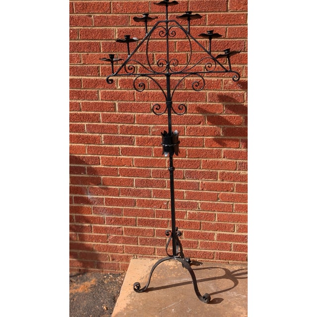 Shabby Chic Antique Black Wrought Iron Floor Standing Candlabra For Sale - Image 3 of 11