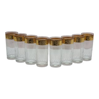 1960s Mid Century Modern Culver Tyrol 22k Gold Acid Etched Highball Glasses - 8 pcs For Sale