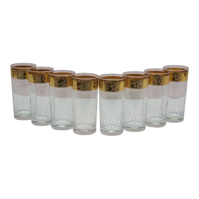 1960s Mid Century Modern Culver Tyrol 22k Gold Acid Etched Highball Glasses - 8 pcs For Sale