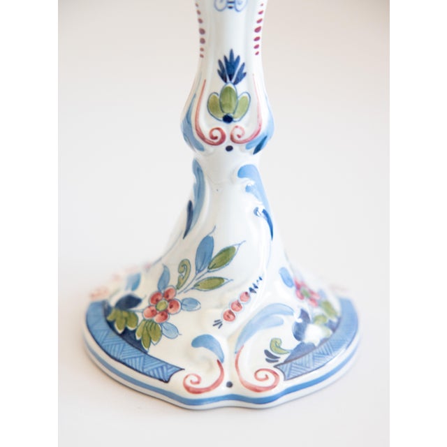Mid 20th Century Vintage Tall Dutch Delft Faience Polychrome Floral Candlesticks - A Pair For Sale - Image 5 of 10
