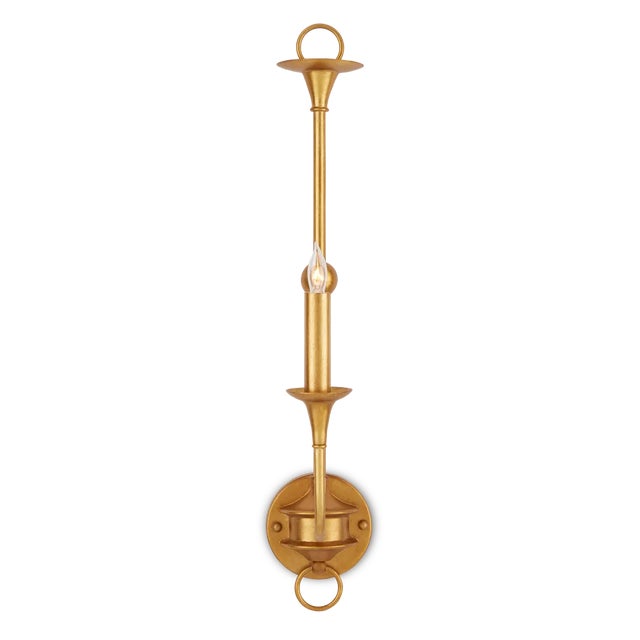 The arm of the Nottaway Gold Wall Sconce stretches gracefully from a half-spool shape that rests at the bottom of its...