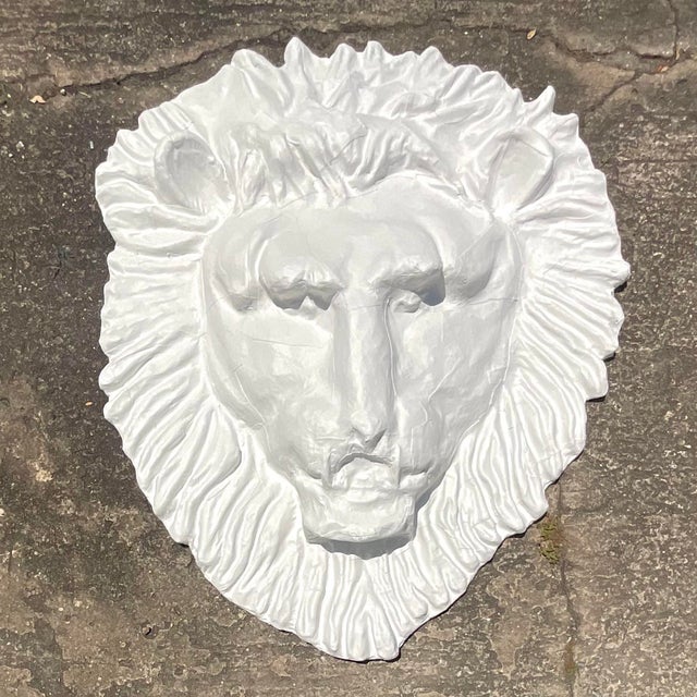 Vintage Boho Monumental Painted Leather Lions Head Wall Sculpture For Sale - Image 4 of 7