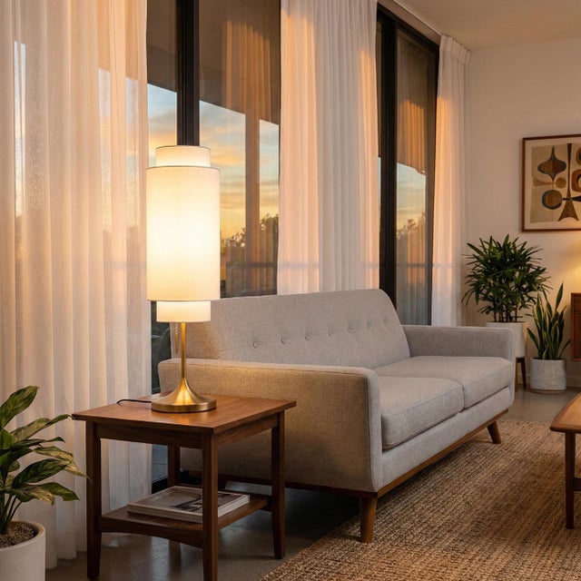 The Lollipop Table Lamp in White Linen reintroduces a beloved mid-century original from NOVA of California's design...