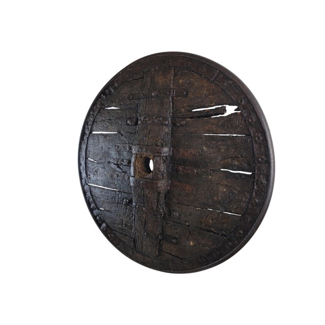 Brown Gothic Iron-Bound Plank Wagon Wheel For Sale - Image 8 of 13
