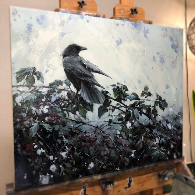 In "First Snow," a solitary raven perches amidst a backdrop of soft, muted colors, evoking a serene yet introspective...