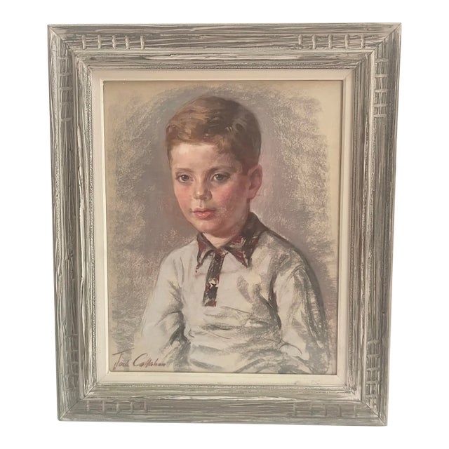 1950s Original Portrait of Young Boy Child Painting, Framed For Sale