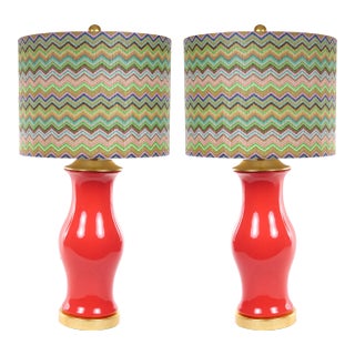 Pair Salmon Porcelain Tables Lamps With Giltwood Pedestals For Sale