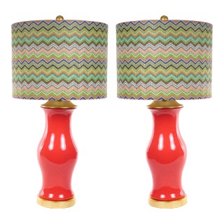 Pair Salmon Porcelain Tables Lamps With Giltwood Pedestals For Sale