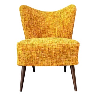 Danish Modern Cocktail Chair | Curved Winged Back in Golden Mustard Tweed | Tapered Wood Legs | C. 1950s For Sale