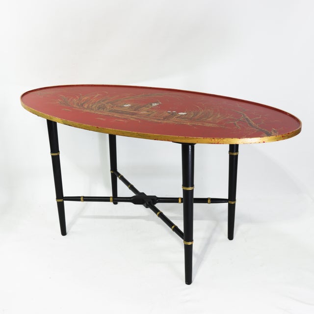 Vintage Chinoiserie Red Coffee Table With Hand-Painted Figures For Sale - Image 12 of 17