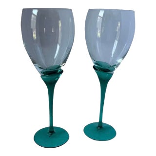 Late 20th Century Italian Murano Style Teal Stem Art Glass Wine Goblets - a Pair For Sale