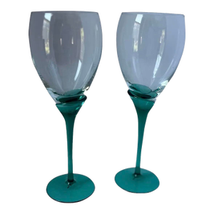 Late 20th Century Italian Murano Style Teal Stem Art Glass Wine Goblets - a Pair