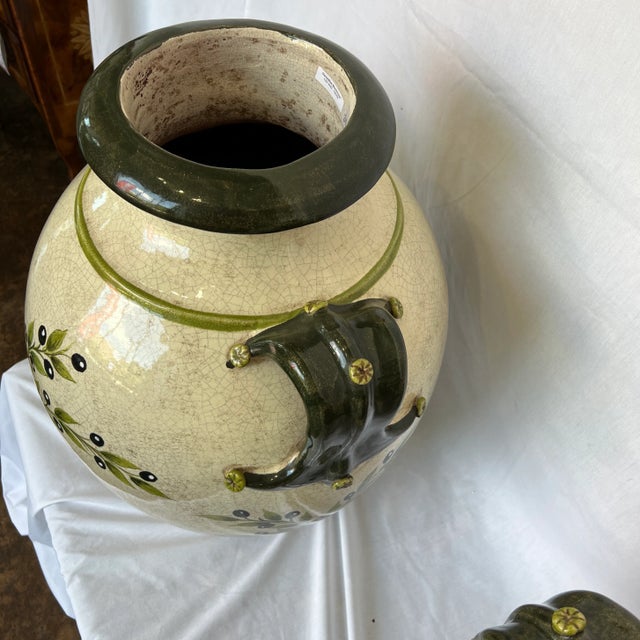 1990s Italian Hand Painted Large Ceramic Vase With Two Handles - a Pair For Sale - Image 10 of 11