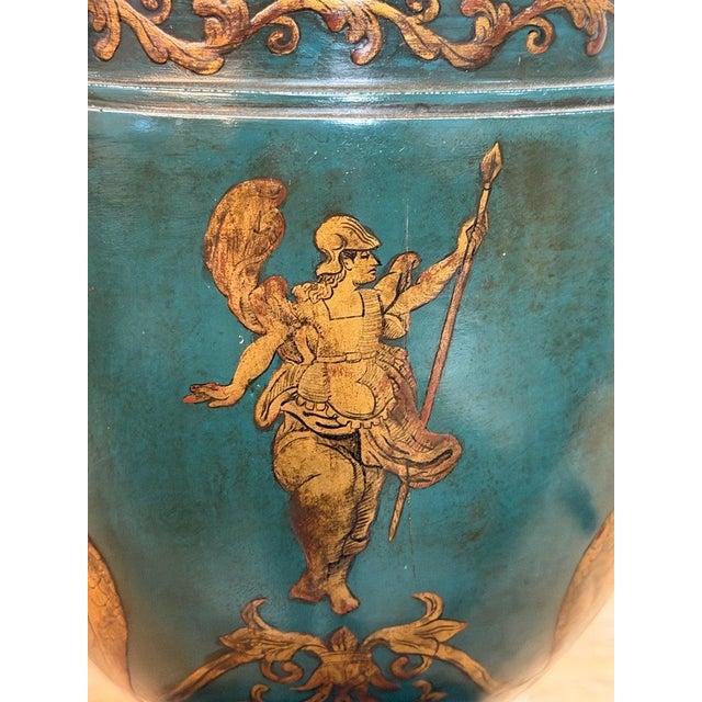 Forest Green Mid 20th Century Italian Neoclassical Tole Urn Table Lamp Hand Painted Original Parchment Shade For Sale - Image 8 of 18