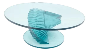 1970s Stacked Glass Fan Shape Base Round Coffee Table Italian Post Modern Mid Century