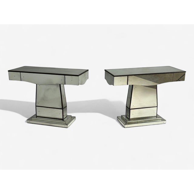 Mid-Century Modern Style, Mirrored Console Tables, Painted Wood, Distressed Glass Pair of modernist console tables...