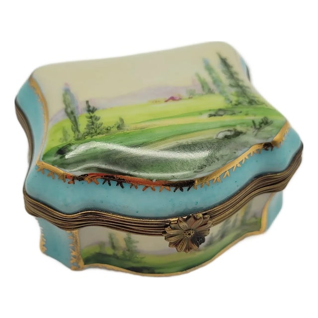 Antique Hand Painted Limoges Porcelain Trinket Box in Robin’s Egg Blue, Green & White For Sale