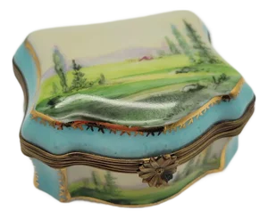 Antique Hand Painted Limoges Porcelain Trinket Box in Robin’s Egg Blue, Green & White
