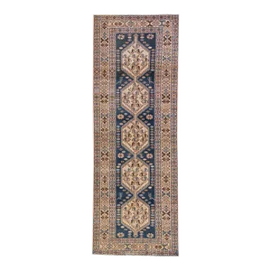 1960s Vintage Distressed Handmade Geometric Blue Wool Runner