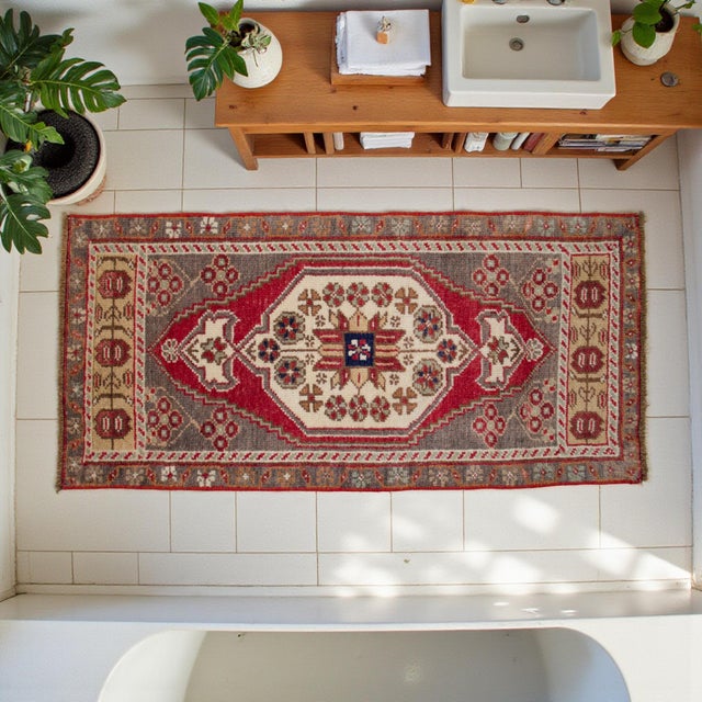 Mid-Century Modern 1970s Hand Made Small Turkish Rug. DoorMat Entry Decor Kitchen Mat Baht Mat - 18'' X 37'' For Sale - Image 3 of 12