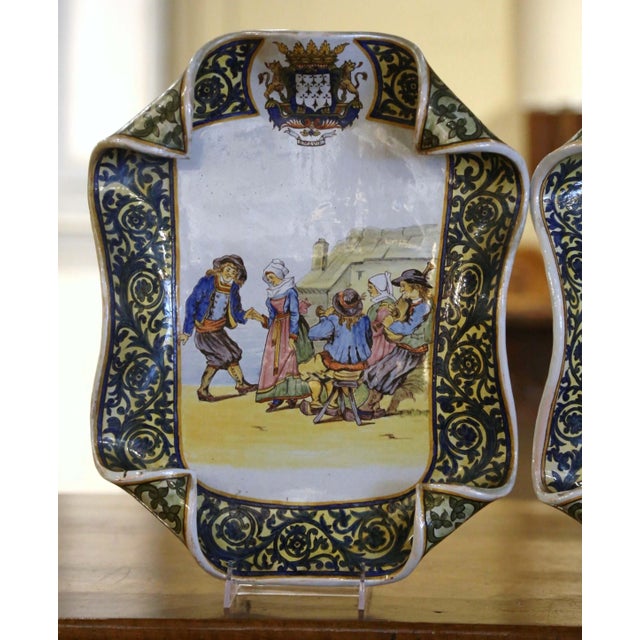 Pair 19th C. French Quimper Porquier-Beau Faience Wall Platters With Figures For Sale - Image 4 of 12