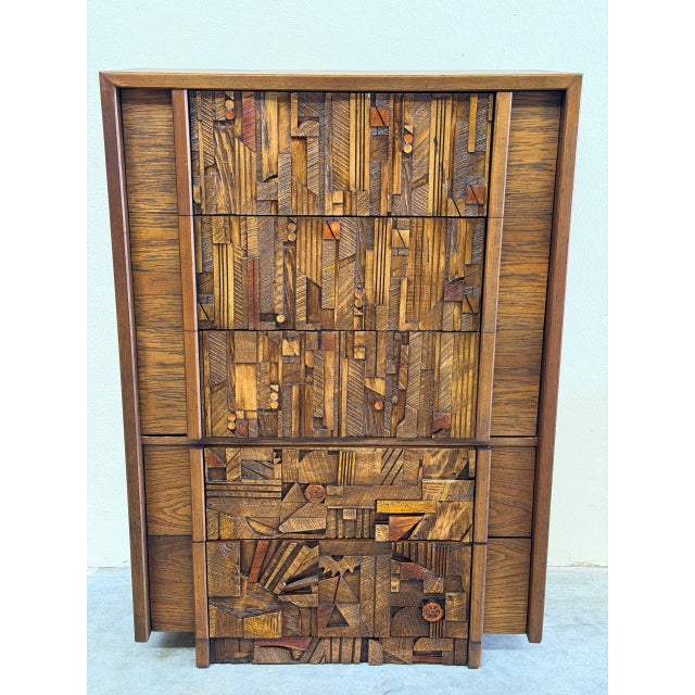 Lane Pueblo Brutalist Wooden Highboy – Oak Dresser Paul Evans Style Mosaic Front 1970s For Sale In Los Angeles - Image 6 of 10