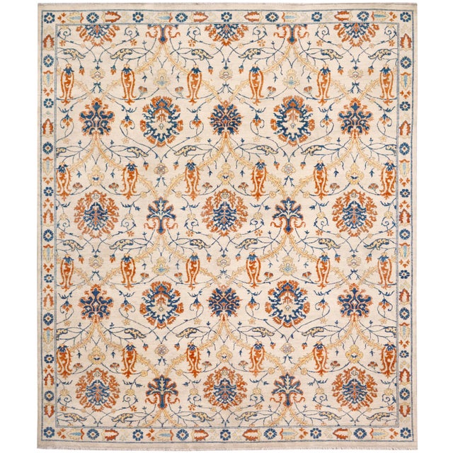 1990s Shabby Chic Kafkaz Peshawar Ivory/Blue Wool Rug - 9'1 X 10'8 For Sale