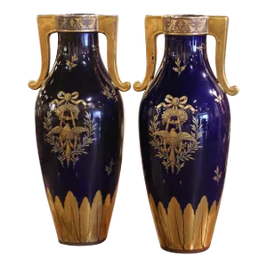 Pair of 19th Century French Neoclassical Painted and Gilt Porcelain Vases