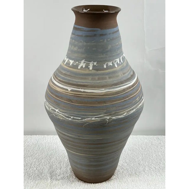 Vintage Handmade Pottery Vase With Blue & Earth-Tone Swirl Glaze For Sale - Image 4 of 12