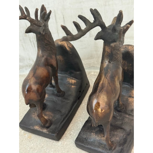 Vintage Sculptural Bronze-Clad Cast Iron Elk, Stag, Deer With Antlers Bookends- A Pair For Sale - Image 11 of 12
