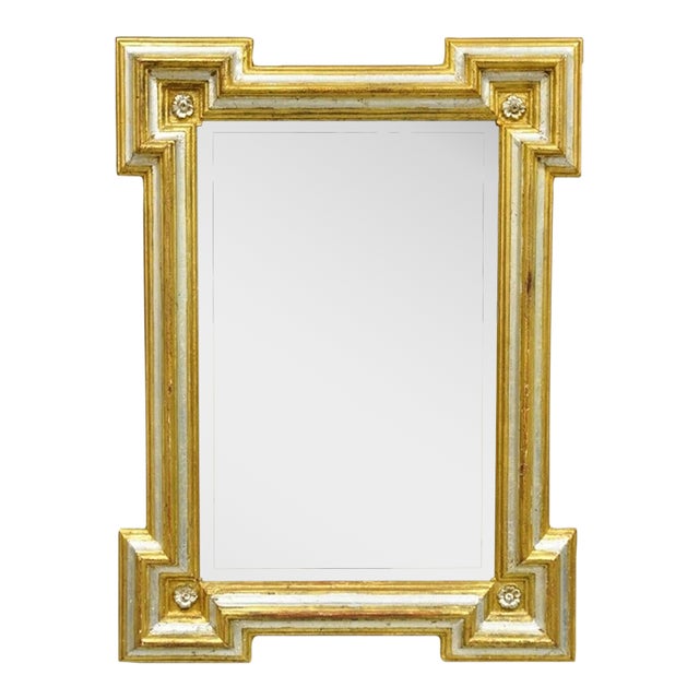 Vintage Italian Regency Silver & Gold Gilt Wood Frame Beveled Glass Wall Mirror For Sale