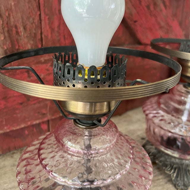 Traditional Pair of Vintage Pink Glass Hobnail Electric Lamps With Ornate Metal Bases - 10" High For Sale - Image 3 of 15