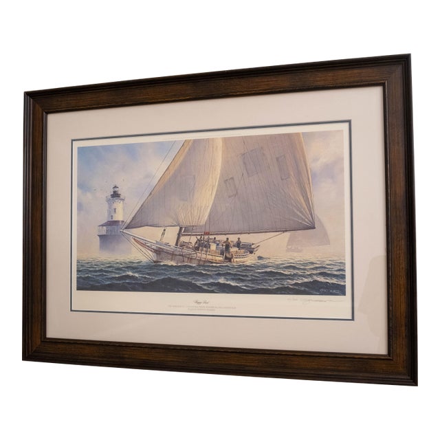 "Foggy Run" Sailboat Lighthouse Painting Print Signed John M Barber Numbered For Sale