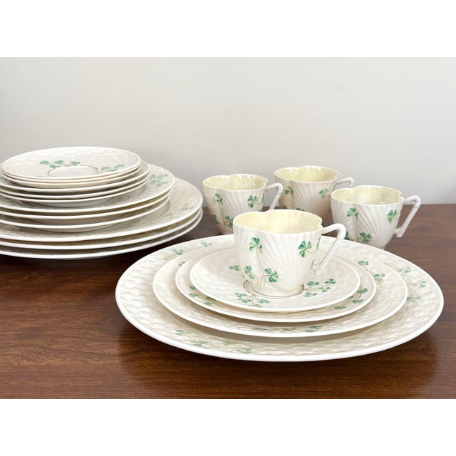 Traditional Vintage Belleek Shamrock Basketweave Dinnerware Service for 4 - 20 Pieces For Sale - Image 3 of 8