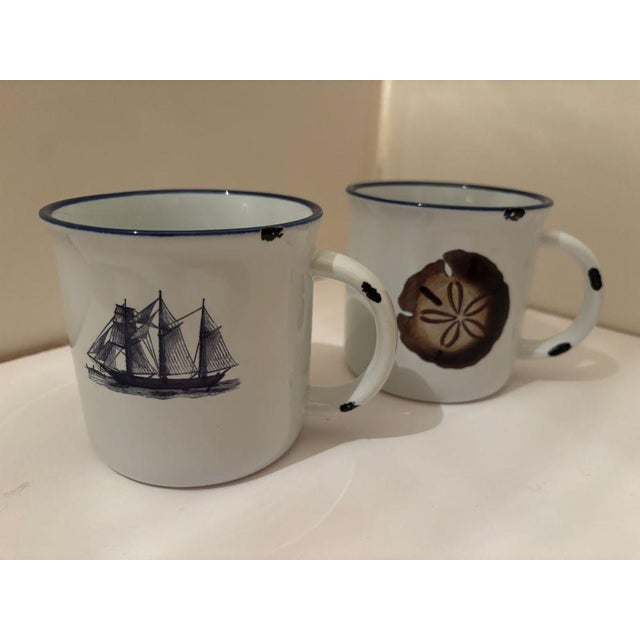 Seven Nautical White Distressed Ceramic Mugs Charming White Ceramic Distressed Design with French Blue 4" high no marks or...