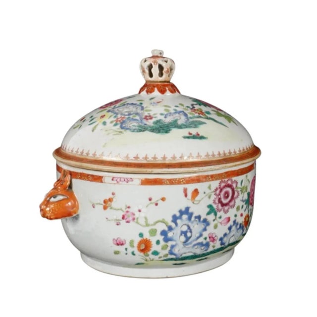 Chinese export covered bowl with rabbit handles. Porcelain covered serving bowl with floral decoration and affixed rabbit...