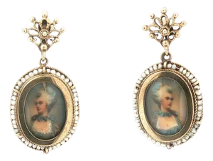 Mid 20th Century Victorian Style Painted Ladies and Seed Pearl Drop Earrings, A Pair