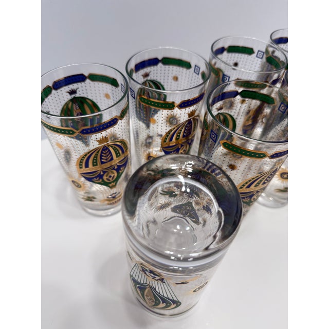1950s 1950s Mid-Century Modern Signed Georges Briard 22k Gold Hot Air Balloon Cocktail Set Pitcher & 7 Glasses - 8pcs For Sale - Image 5 of 12