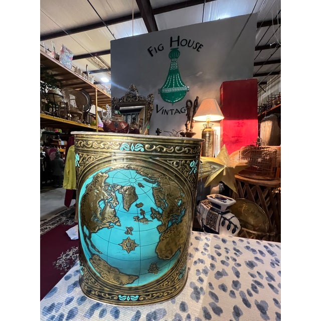 Mid-Century Modern 1970s Small Gold World Map Wastebasket With Teal Accents For Sale - Image 3 of 9