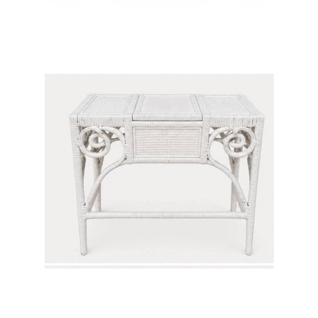 Mid 20th Century Vintage Child’s Palm Beach Style White Wicker Lift-Top Vanity Desk With Heart Mirror For Sale - Image 5 of 11