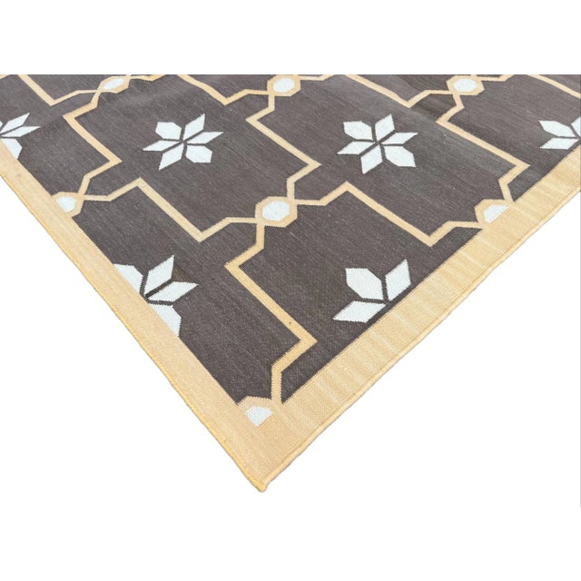 Not Yet Made - Made To Order Not Yet Made - Made To Order Handmade Cotton Area Rug, Natural Vegetable Dyed, Brown and Cream Flower Pattern Dhurrie - 12'x15' For Sale - Image 5 of 11