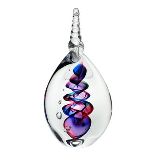1990s Adam Jablonski Art Glass Teardrop Swirl Ribbon Purple Blue Paperweight Sculpture For Sale