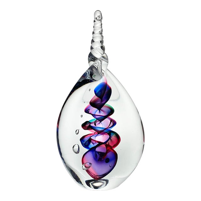 1990s Adam Jablonski Art Glass Teardrop Swirl Ribbon Purple Blue Paperweight Sculpture For Sale
