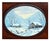 Snowy oval shaped landscape of a barn and a cozy log cabin in a scenic winter wonderland by Ginger Sammell (American, 20th...