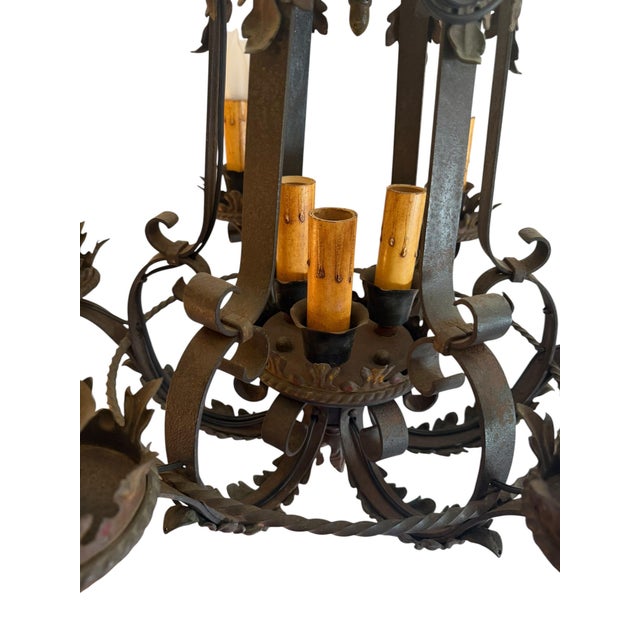 Metal Antique Spanish Revival Wrought Iron Chandelier For Sale - Image 7 of 10