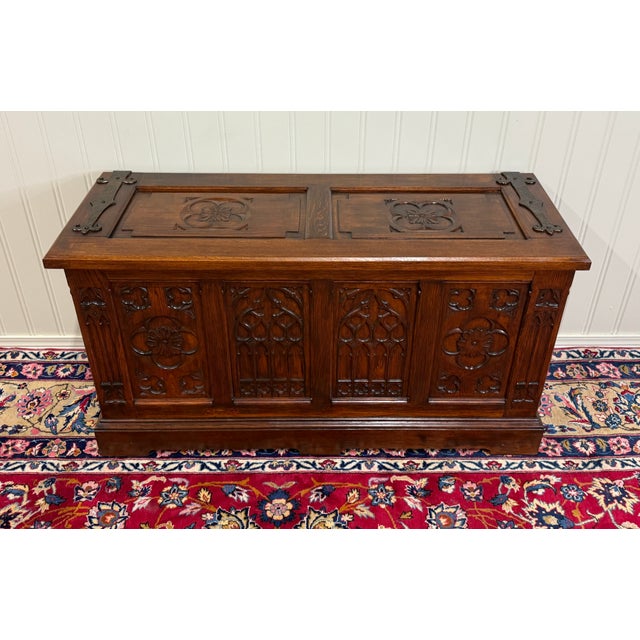Wood Antique French Neo Gothic Trunk Chest Blanket Box Storage Coffer Oak C. 1930-40s For Sale - Image 7 of 18