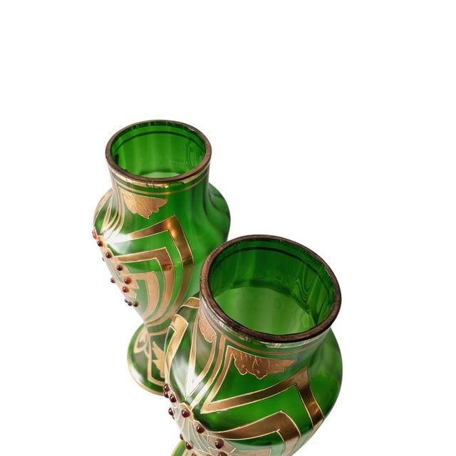 19th Century Art Nouveau Vases in Green Glass with Applied Cabochons, 1890s, Set of 2 For Sale - Image 5 of 14